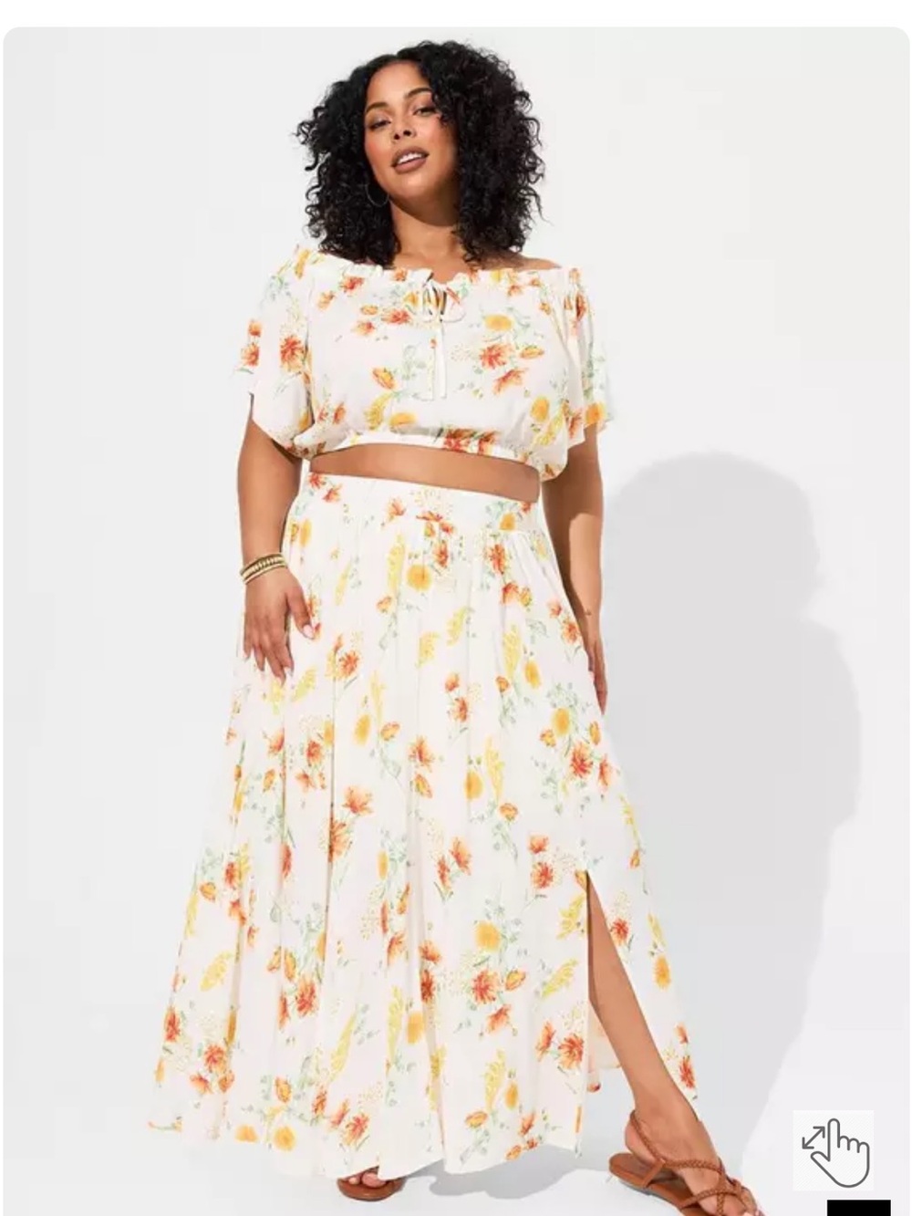 torrid White Floral Two-Piece Skirt Set with Yellow & Orange Flowers